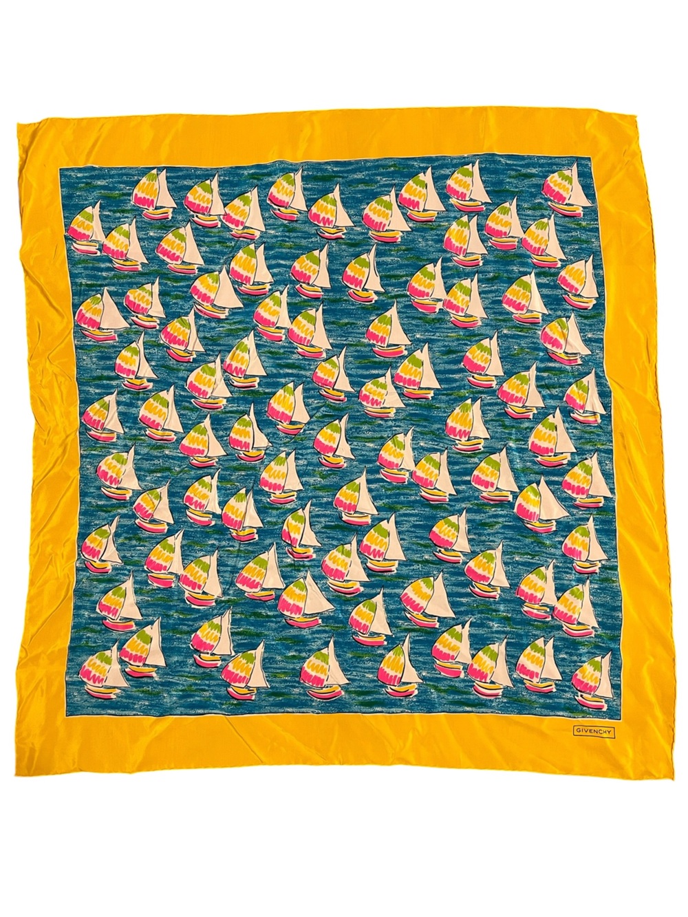 Givenchy Vintage 1980’s Silk Scarf Summer Sailboat Print Preppy Old Money 34”